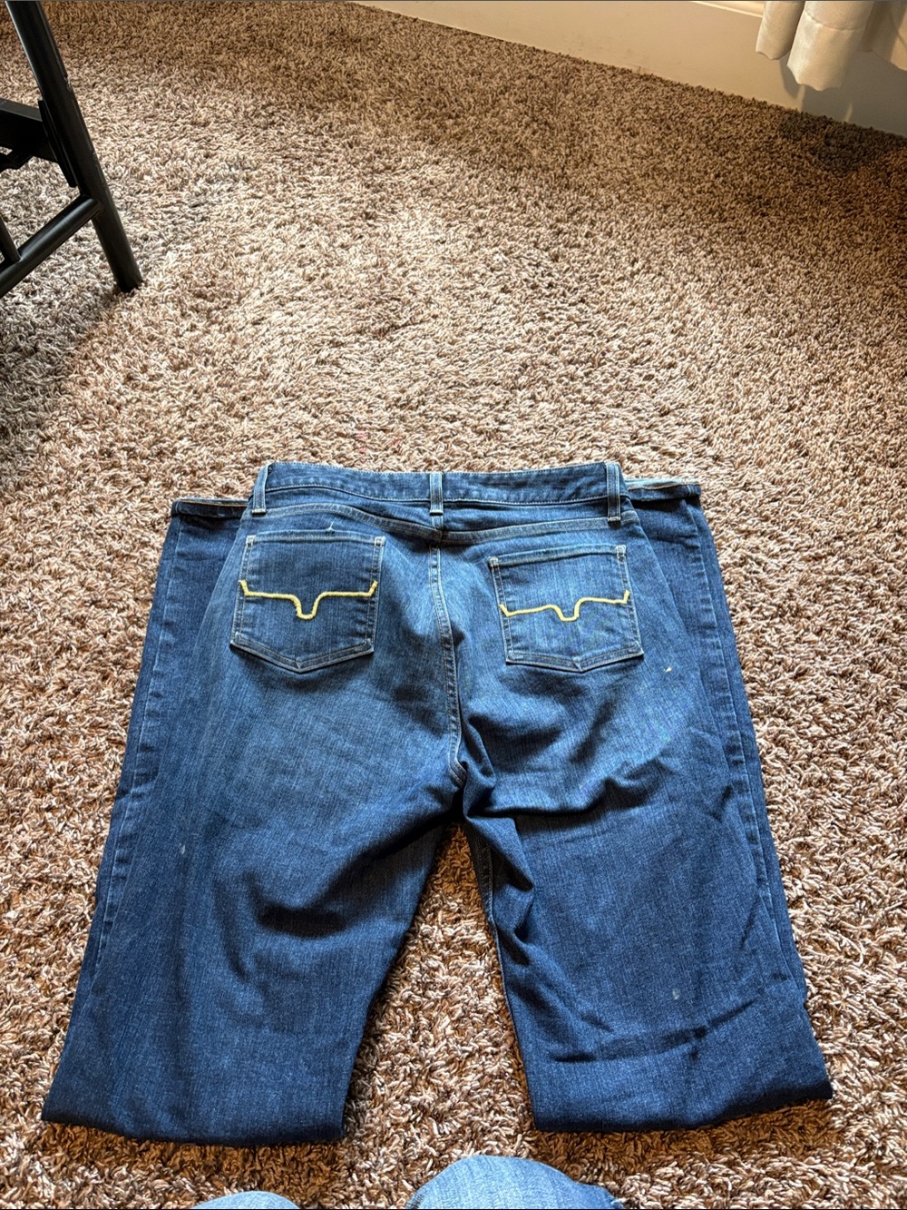 Sara Kimes— women’s  Slim Straight Dark Blue Jeans with Yellow Stitching